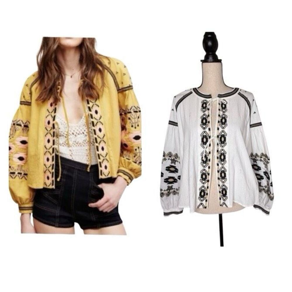 RD & Koko Anthropologie Top White & Black Embroidered Tie Front Size S Boho
